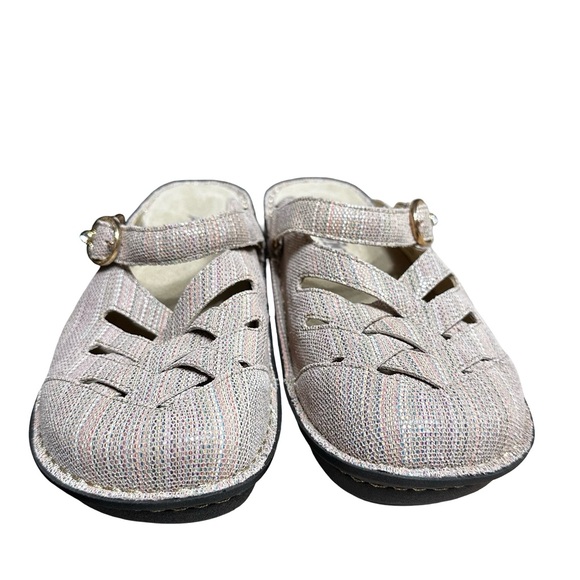 Alegria Freesia Women Size 39 9 Pink Gold Striped Comfort Clogs Mules - Picture 2 of 9